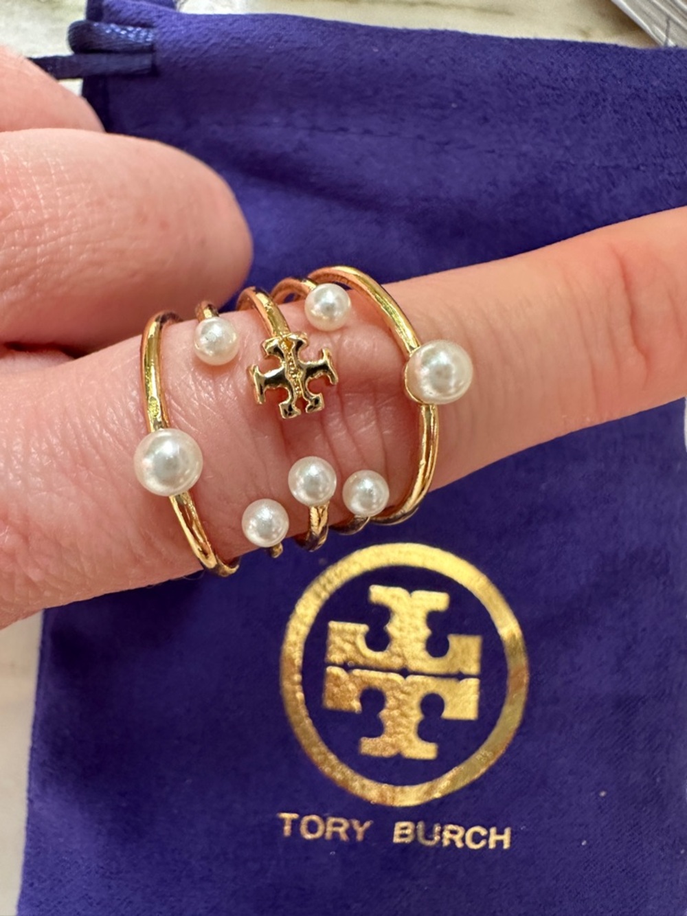 Tory Burch Gold Pearl Stacked Logo Ring